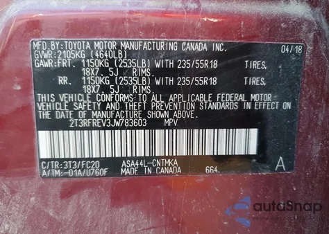 2018 Toyota Rav4 Adventure z USA, uszkodzony, nr VIN 2T3RFREV3JW783603